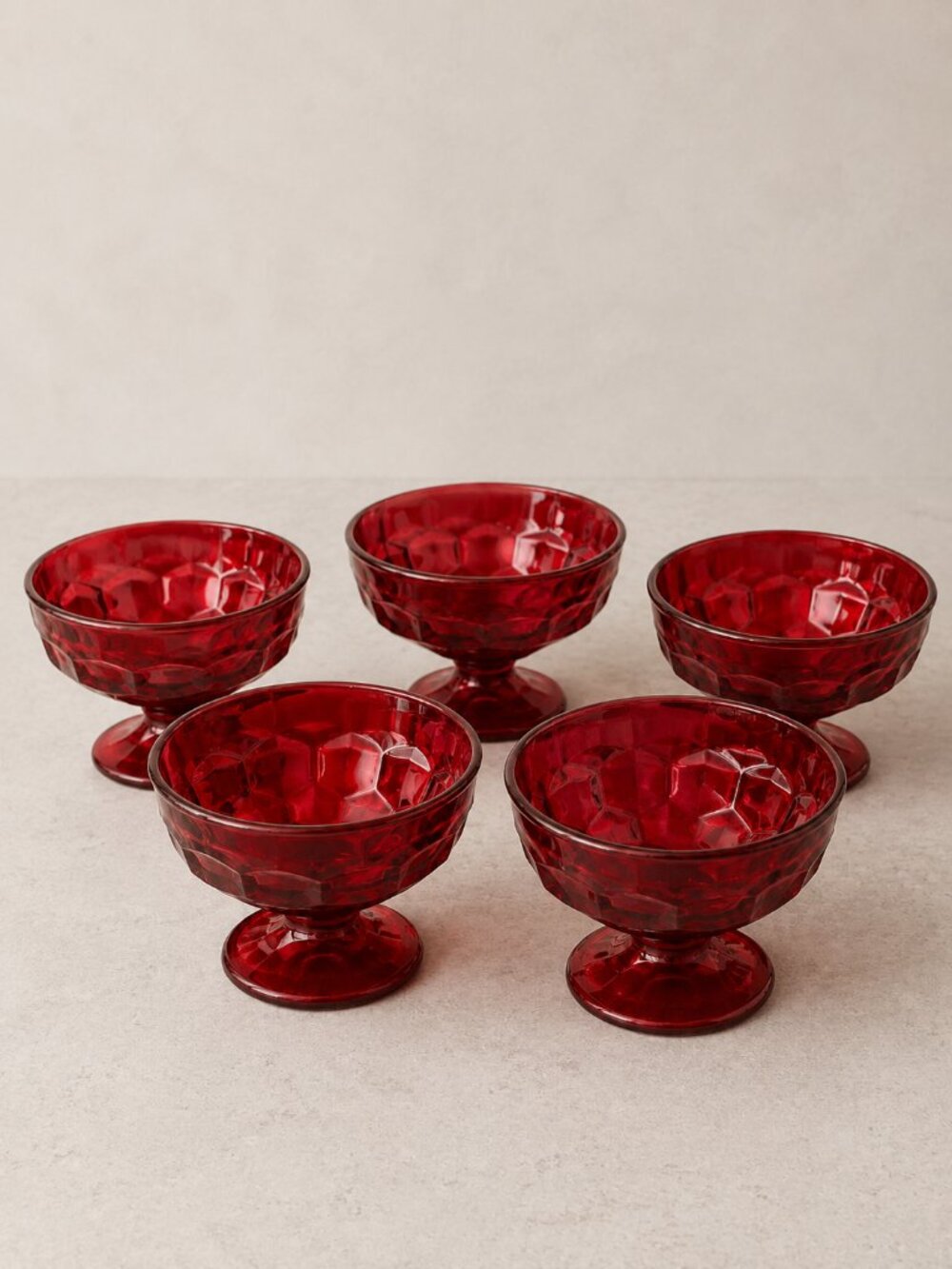Vintage Viking Glass "Honeycomb" Ruby Red Sherbet Dessert Bowls Set of 5